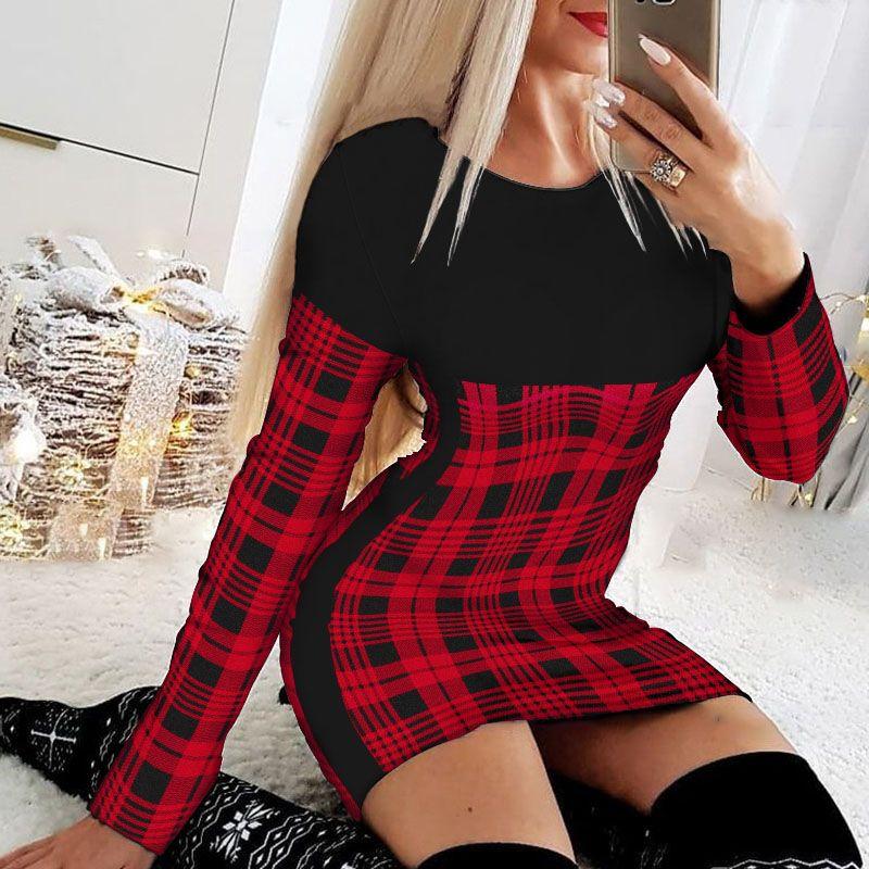 

Casual Dresses 2022 Year Women Christmas Dress Round Neck Plaid Print Long Sleeve Short Bodycon Autumn Winter Daily Sexy, Red