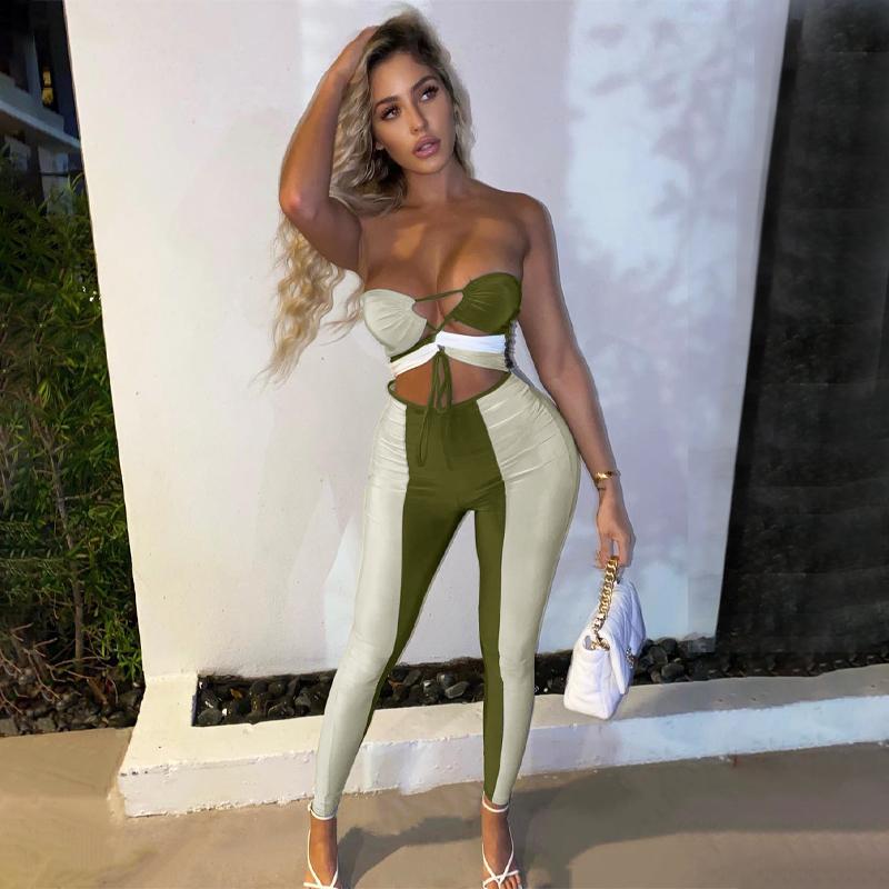 

Women' Jumpsuits & Rompers Sexy Lace Up Hollow Out Tube Jumpsuit Patchwork Strpless Slim Fit Bodycon Women Overalls Long Playsuit Summer Cl, Army green