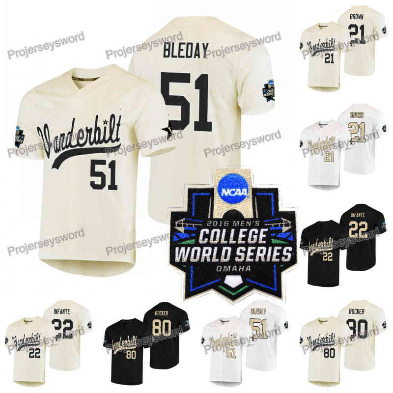 

Vanderbilt Commodores Jersey 21 Tyler Brown 22 Julian Infante 51 J.J. Bleday 80 Kumar Rocker 2019 NCAA College WS W S Custom Baseball Jersey, 80 white