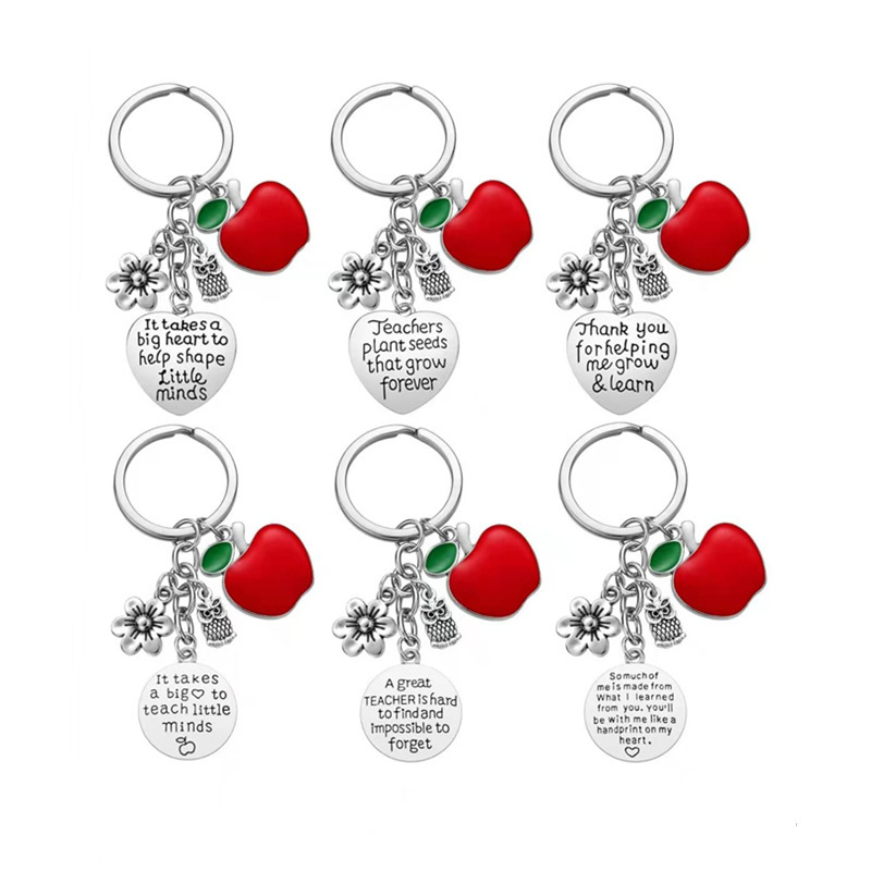 Prix de gros Porte-clés en acier inoxydable Pendentif Journée des enseignants Saint-Valentin Anniversaire Porte-clés Accessoires cadeaux 6 styles