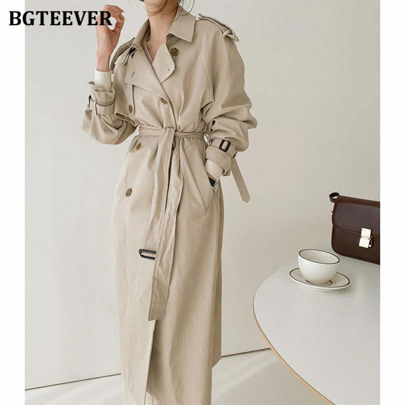 

Casual Double Breasted Pockets Women Long Windbreaker Autumn Winter 2021 Full Sleeve Sashes Loose Female Trench Coats, Beige