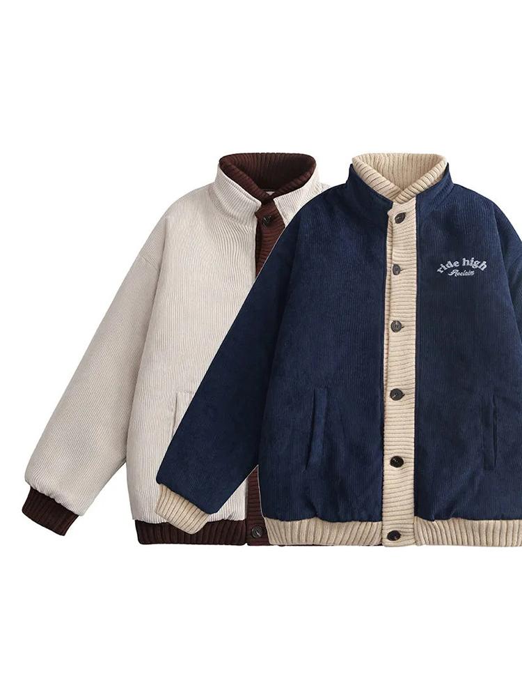 

Women's Jackets Wommn Corduroy Jacket Embroidery Baseball Uniform For Men Women Couples American Retro Street Warm Loose Cardigan FemaleWome, Blue