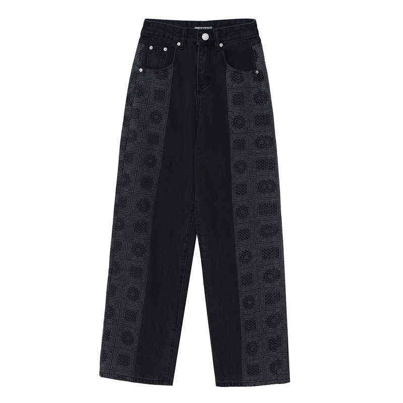 

Vintage Print Long Denim Pants Women 2021 Autumn Winter High Waist Wide Straight Jeans Trousers Female Fashion Oversized Pants T220728, Black