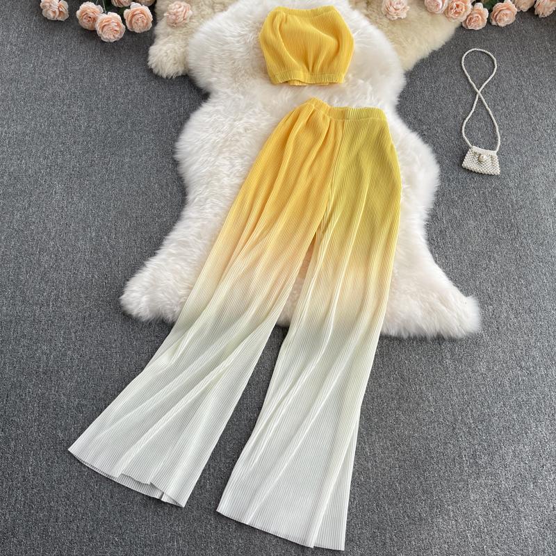 

Women's Two Piece Pants Women Summer Fashion Korean Set Sexy Off Shoulder Strapless Short Tops+High Waist Gradient Long Suits, Green