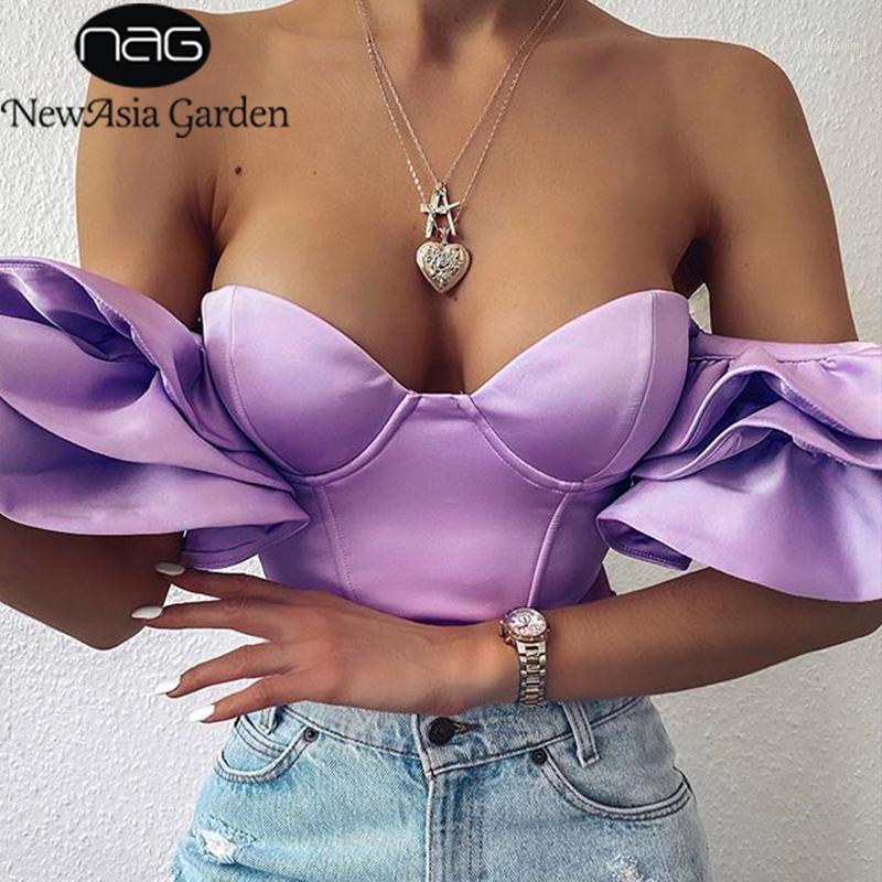 

Women' Blouses & Shirts Asia Boned Corset Tops Women Solid Color Sweet Ruffle Sleeve Blusas Sexy Off Shoulder Satin Crop Top Summer Bustier, Lilac
