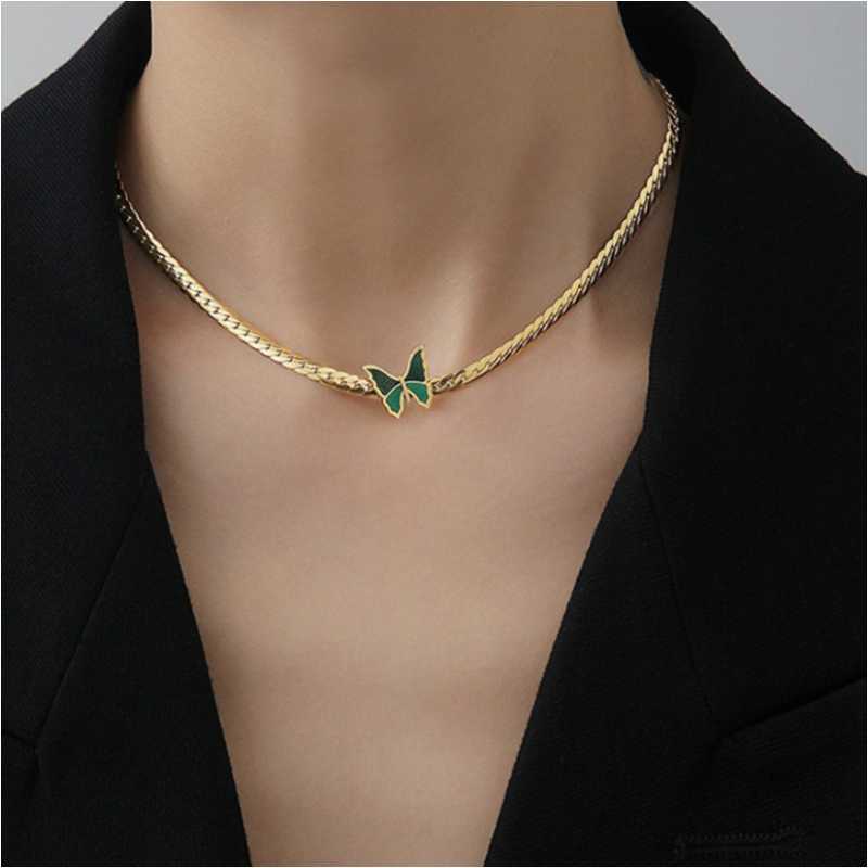 

Pendant Necklaces Stainless Steel Fashion Upscale Jewelry Welding Green Butterfly Charms Thick Chain Choker Anklets For WomenPendant