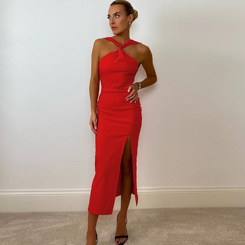 

Women' Casual Dresses Mermaid Hem Crisscross Halter Dress w2gB#, Red