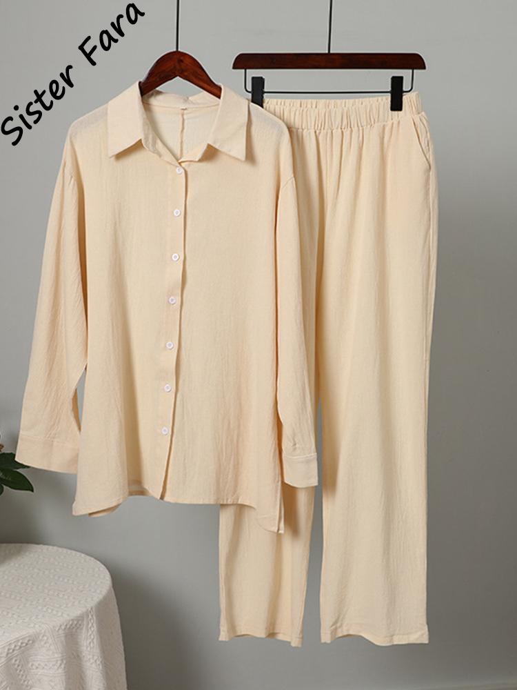 

Women' Two Piece Pants Sister Fara Cotton Linen 2 Suits Blouse 5XL Ankle Wide Leg Summer Autumn Tracksuit Shorts Set Long Sleeve Shirt Tops, Beige