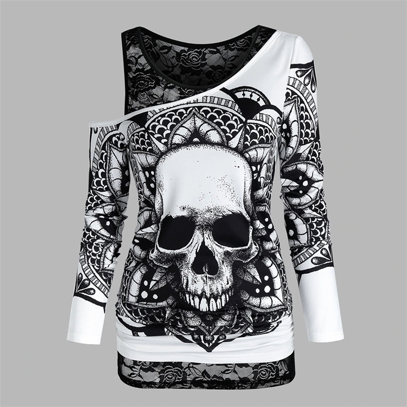 

Gothic Casual Women T Shirts Skull Graphic Off Shoulder Two Piece Tee Sets Long Sleeve Sleeveless Spring Tops Female Clothes D30 220321