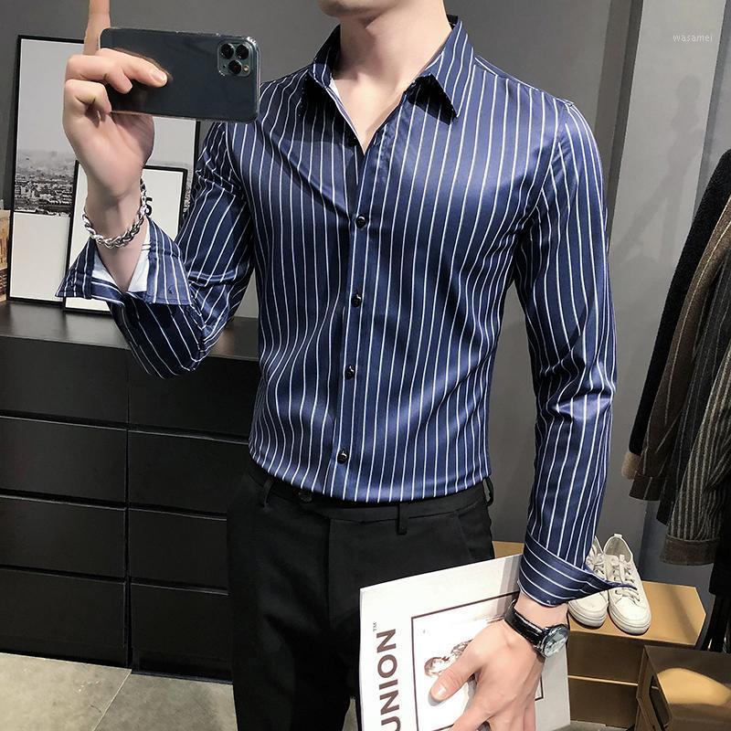 

Men's Casual Shirts 2022 Spring Striped Shirt Long Sleeve Slim Fit Streetwear Business Dress Social Party Blouse Chemise Homme, White