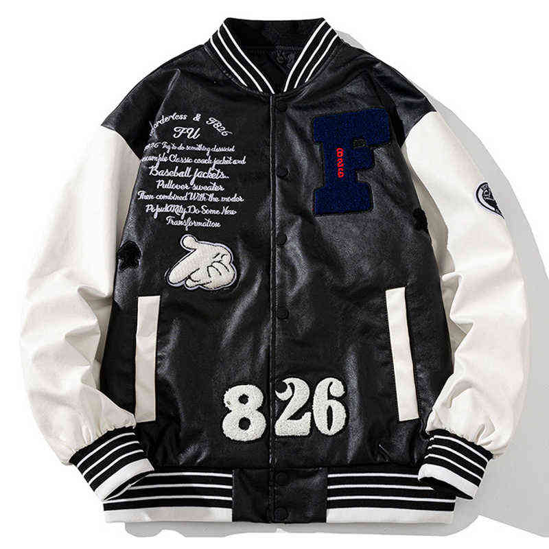 

PU Leather Jacket Men Women Patchwork Streetwear Baseball Jacket Hip Hop Letter Varsity Jacket Couple Clothes High Street 2021 T220728