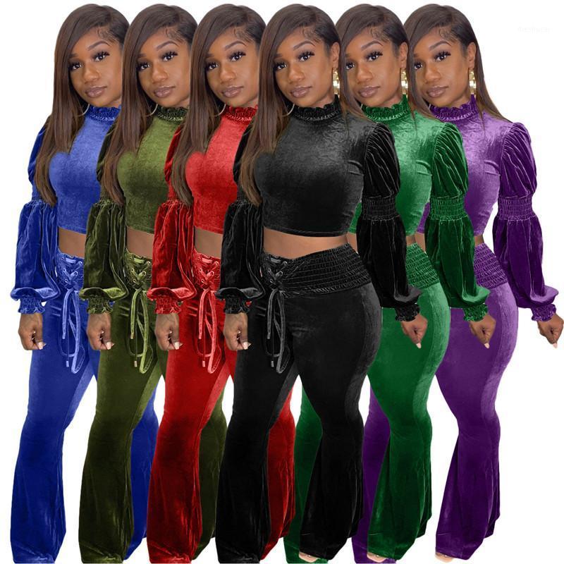 

Women' Two Piece Pants 2 Set Women Sweet Casual Velvet Crop Top Flared Sets Stretch Lace Up Leggings 2022 Style Wholesale Drop, Black