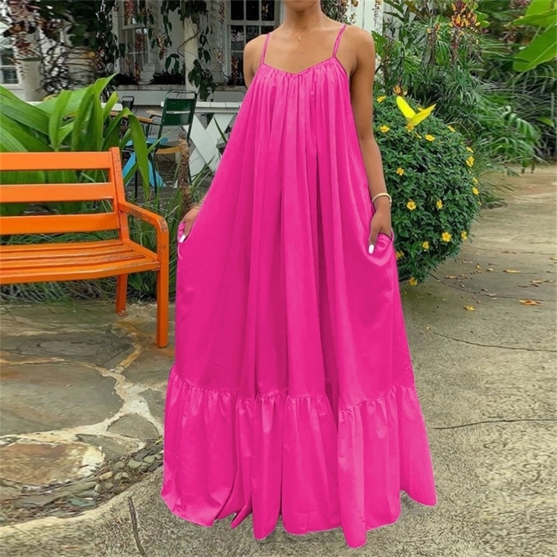 

Women Camisole Oversized Fashion Casual Solid Maxi Dresses Strap Dress Pocket Loose Backless Big Swing Floor length Robe 220614, Hot pink