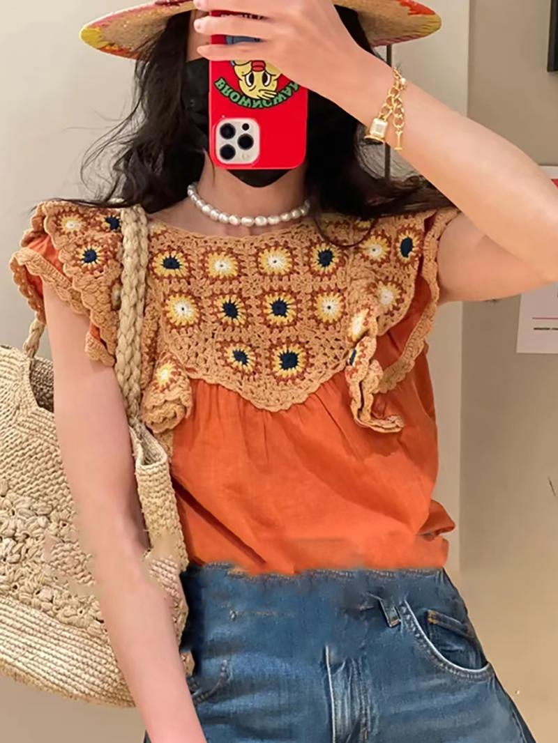 

Women' Blouses & Shirts Rowling Mirror Floral Artificial Knit Shirt Women Sleeveless Doll Collar Female Elegant Vacation Vintage Blouse Top, Picture color