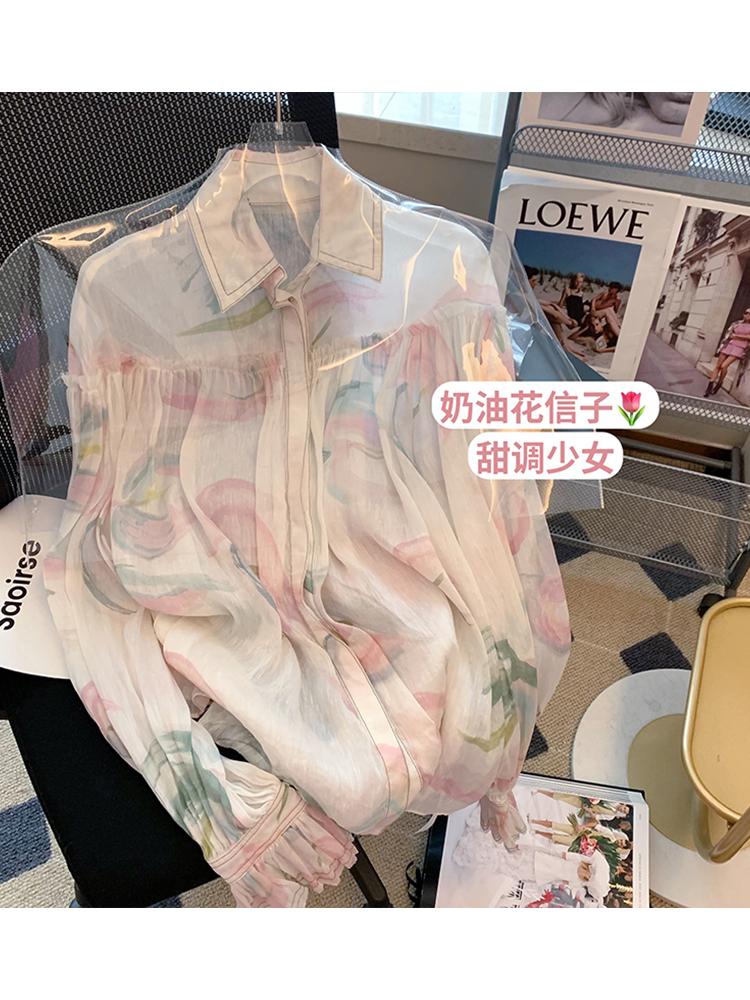 

Women' Blouses & Shirts Neck Print Women' Blouse Pleated Long Sleeve Button Female 2022 Spring Summer Basic Beach Aesthetics Street Cl, Picture color