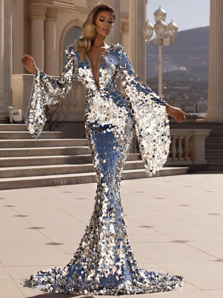 

Casual Dresses High Waist Sheath Floor-length Sparkly Sequin Mixi Dress Women 2022 Exotic Luxury Elegant Evening Sexy Formal SummerCasual, Silver