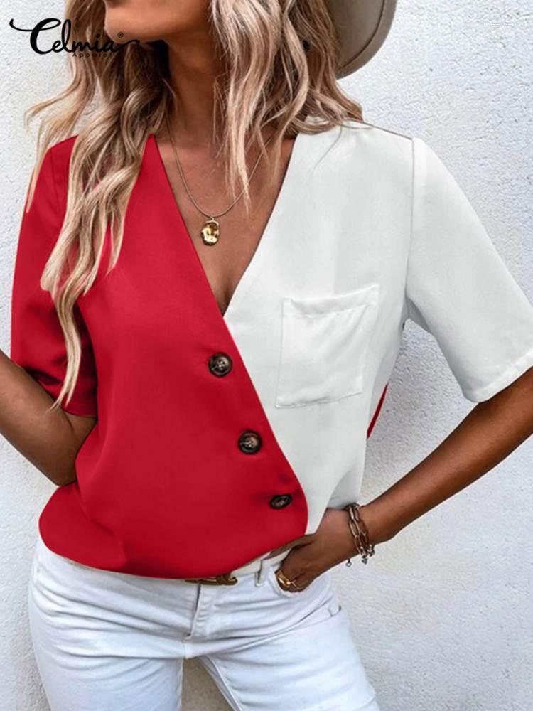 

Women' Blouses & Shirts Celmia Fashion V Neck Women Elegant Pockets Oversize Tunic Color Blocking Casual Short Sleeve Buttons Summer TopWom, Khaki