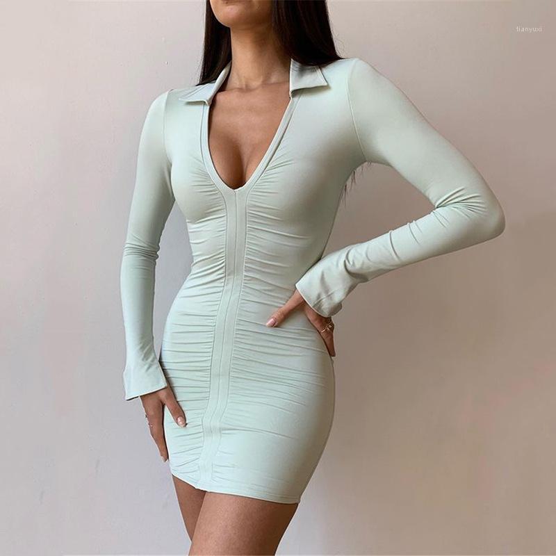 

Casual Dresses Tinastyle Deep V Neck Sexy Bodycon Dress Women 2022 Long Sleeve Pleated Skinny Short Summer Mini Vestidos, White