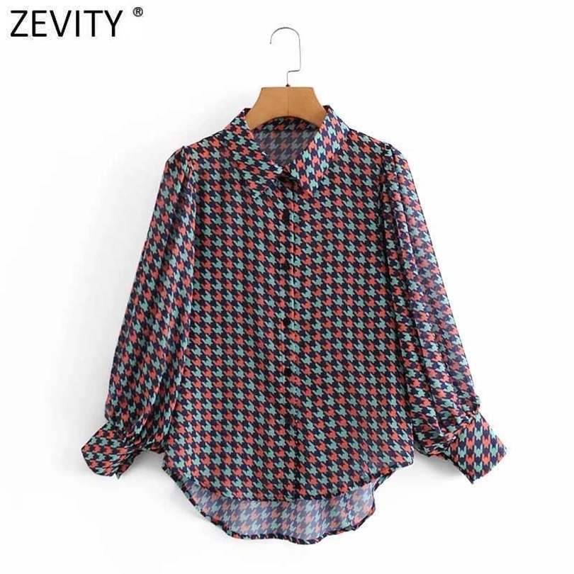 

Zevity Women Vintage Houndstooth Print Chiffon Smock Blouse Ladies Turn Down Collar Shirt Chic Femme Breasted Blusas Tops LS7495 210603, Aazz ls7495