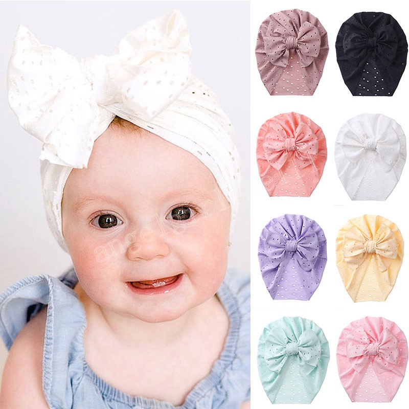 

Candy Color Big Bowknot Caps For Girls Kids Cotton Comfortable Baby Hat Spring Summer Hollow Out Breathable Baby Pullover Cap