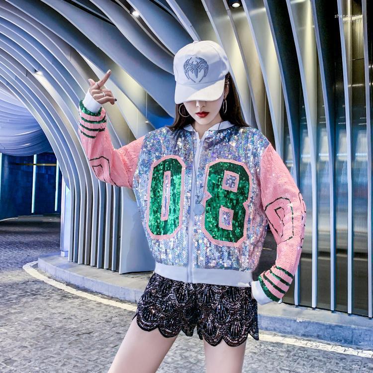 

Women's Jackets 2022 Sequined Spring And Autumn Hip- Hop Color Matching Casual Loose Baseball Collar Jacket Korean Trend, Silver