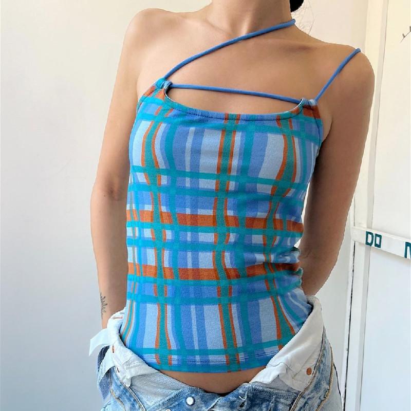 

Women' Tanks & Camis Vintage Plaid Print Off Shoulder Halter Blue Slim Camisole Sleeveless Tops Lace Up Sexy Crop Top Summer Fashion Open B