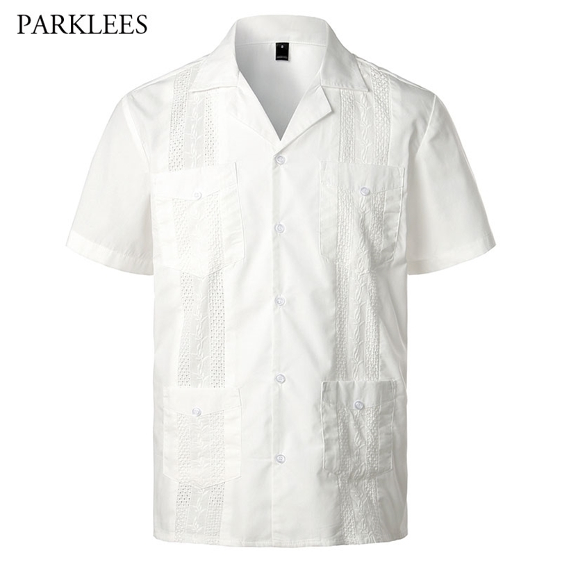 

Embroidery Floral Patchwork Shirts for Men Casual Multi-Pocket Mens Short Sleeve Shirt Cuban Camp Guayabera Ethnic Men Clothing 210331, Green