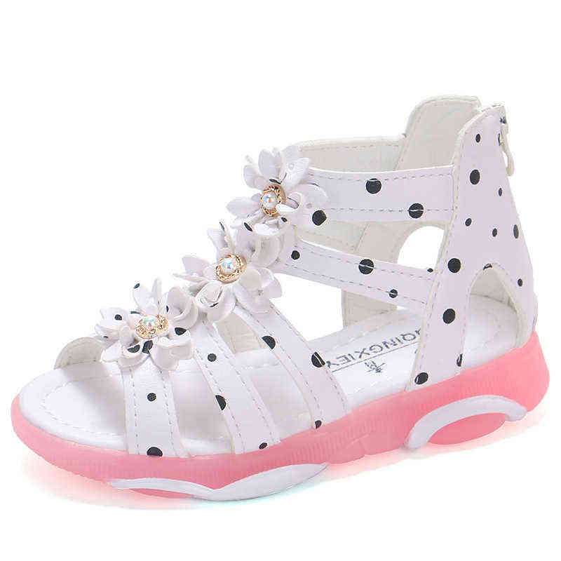 

Girls Sandals Flowers Kids Roman Sandals Children Gladiator Shoes Soft Leather With Dots Zipper Pearl Beading Toddler 1-12 Years G220418, Hotpink
