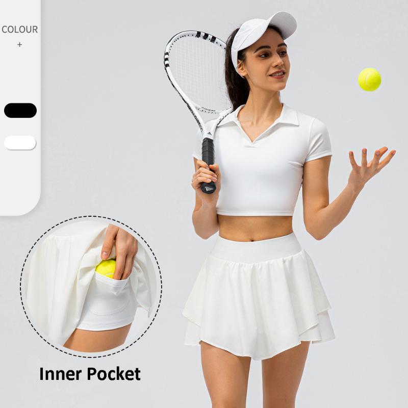 

Tennis Skirts Women Sexy Sportswear Solid Color Breathable Skort Yoga T-Shirt 2 In 1 Skirt Set Female Workout Fitness Clothing, Skirt black