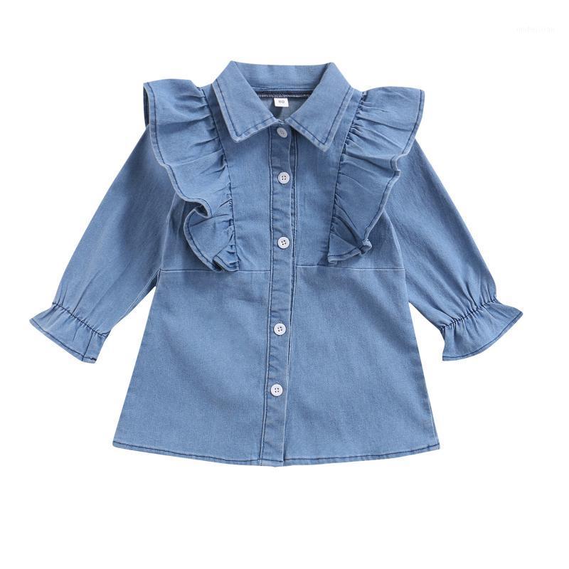 

Girl's Dresses 2022 0-5Y Toddler Baby Girls Denim Dress Lovely Ruffle Blue Solid Single Breasted Long Sleeve Shirt Spring Autumn Clothing, As pic
