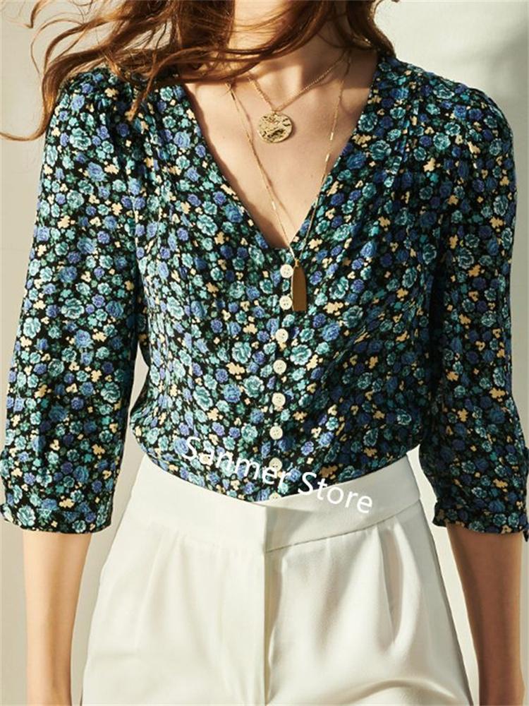 

Women's Blouses & Shirts Spring Summer Women Three Quarter Sleeve Shirt Retro V-neck Dot Floral Printed Blouse Top, Pink