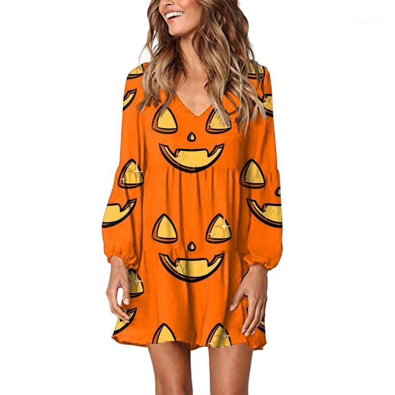 

Casual Dresses Vestidos Fashion Women Halloween Party Dress Lantern Long Sleeve V Neck Pumpkin Print Vintage Plus Size Loose