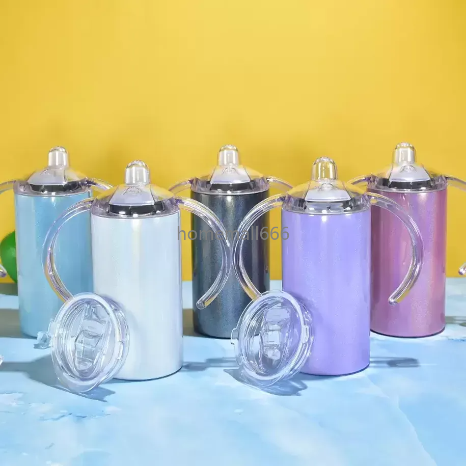 

New 12oz Sublimation Glitter Sippy Cup Straight Shimmer Tumbler Stainless Steel Baby Cup Handles Dual-layer Heat Insulation Infant Milk Bottle with Handles, 12oz glitter sippy cup
