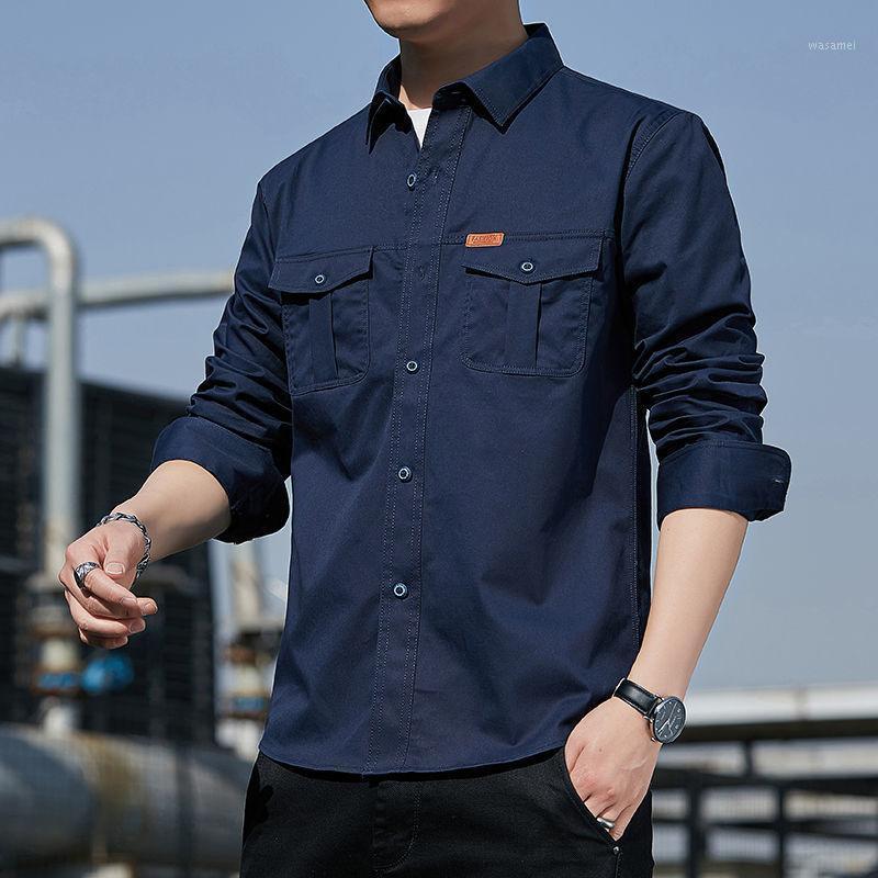 

Men's Casual Shirts 2022 Spring Pure Cotton Shirt Men Oversize Male Loose Long Sleeve Cargo High Quality Tooling O178, Black