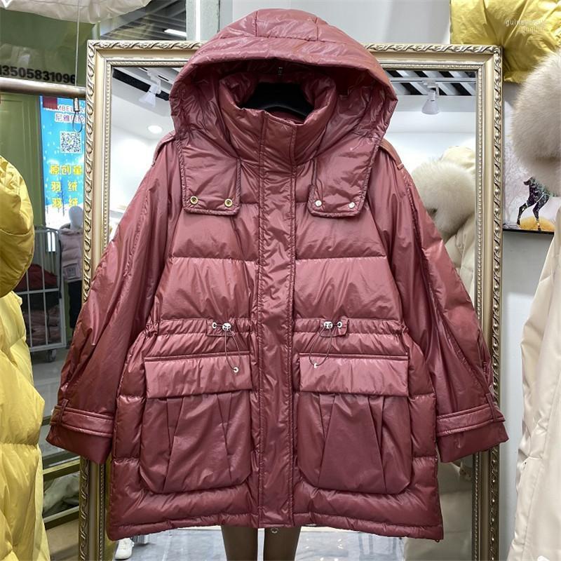 

Women' Down & Parkas Mid-length Hooded Drawstring Shiny Jacket Long Sleeve Women 90% White Duck Coat Winter Female Big Pocket Casual Guin22, Beige