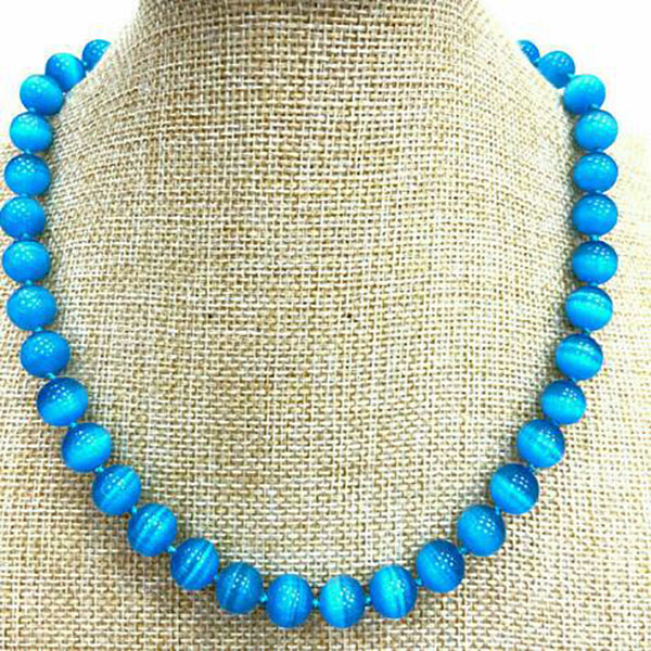 

Natural 12mm Blue Cat's Eye Opal Gemstone Round Beads Necklace 18" AAA