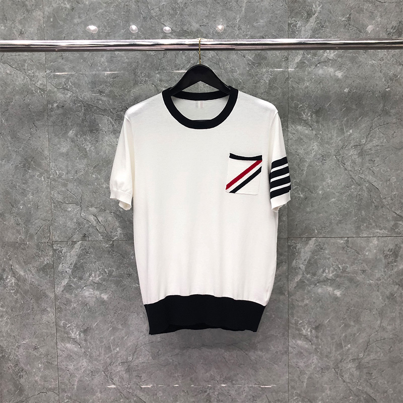 

Knitted Men's t shirt Summer Pocket Vertical Stripes Designer women's Tops Tees 4-Bar Stripe Contrast Color Oversized t-shirt Luxury Brand Casual Short Sleeves, Packing bag