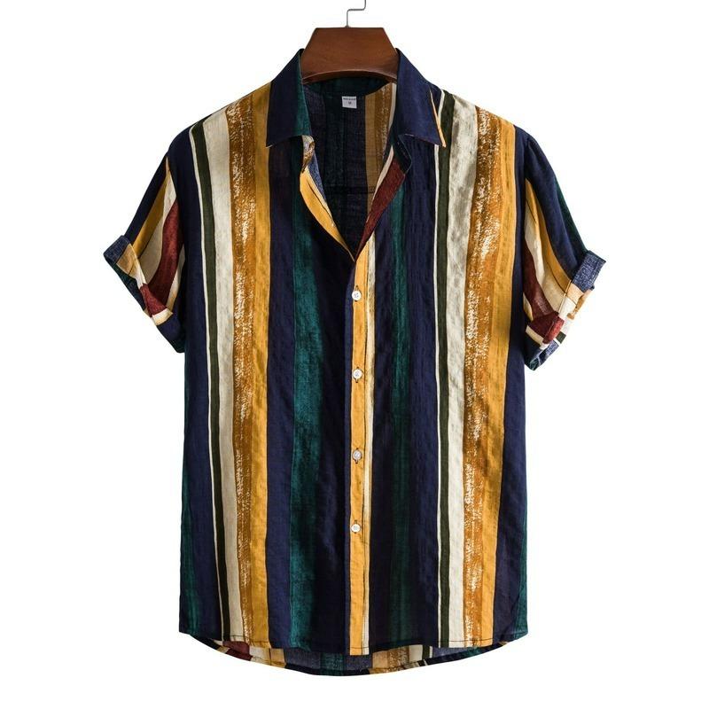 

Men's Casual Shirts Hawaii Men Shirt Blouse Multicolor Stripes Loose Short Sleeve Buttons Cotton Beach Camisas Para Hombre -3xlMen's