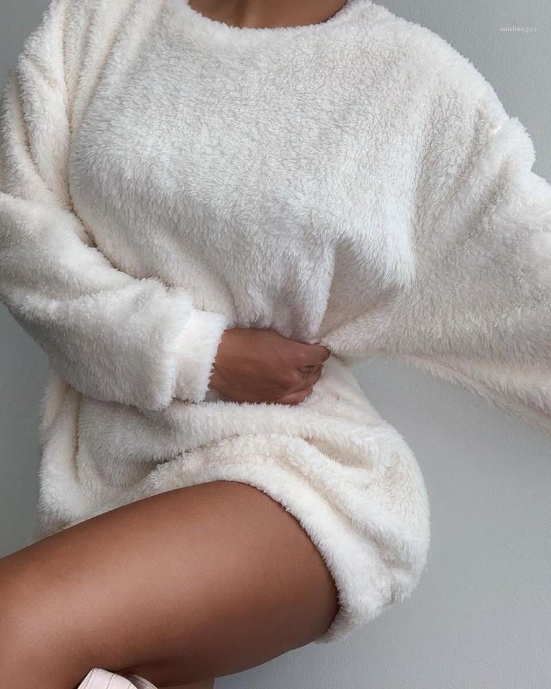 

Casual Dresses Round Neck Dress Women' Fashion Fluffy Backless Long Sleeved Sweatshirt 2022 Autumn Wear, Beige