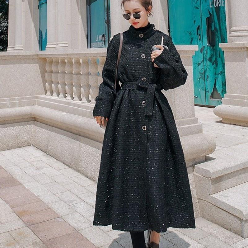 

Women' Trench Coats Street High Winter Stand Collar Tweed Women Design Shiny Sashes A-Line Long Coat Vintage Single Breasted Female Overcoa, Black
