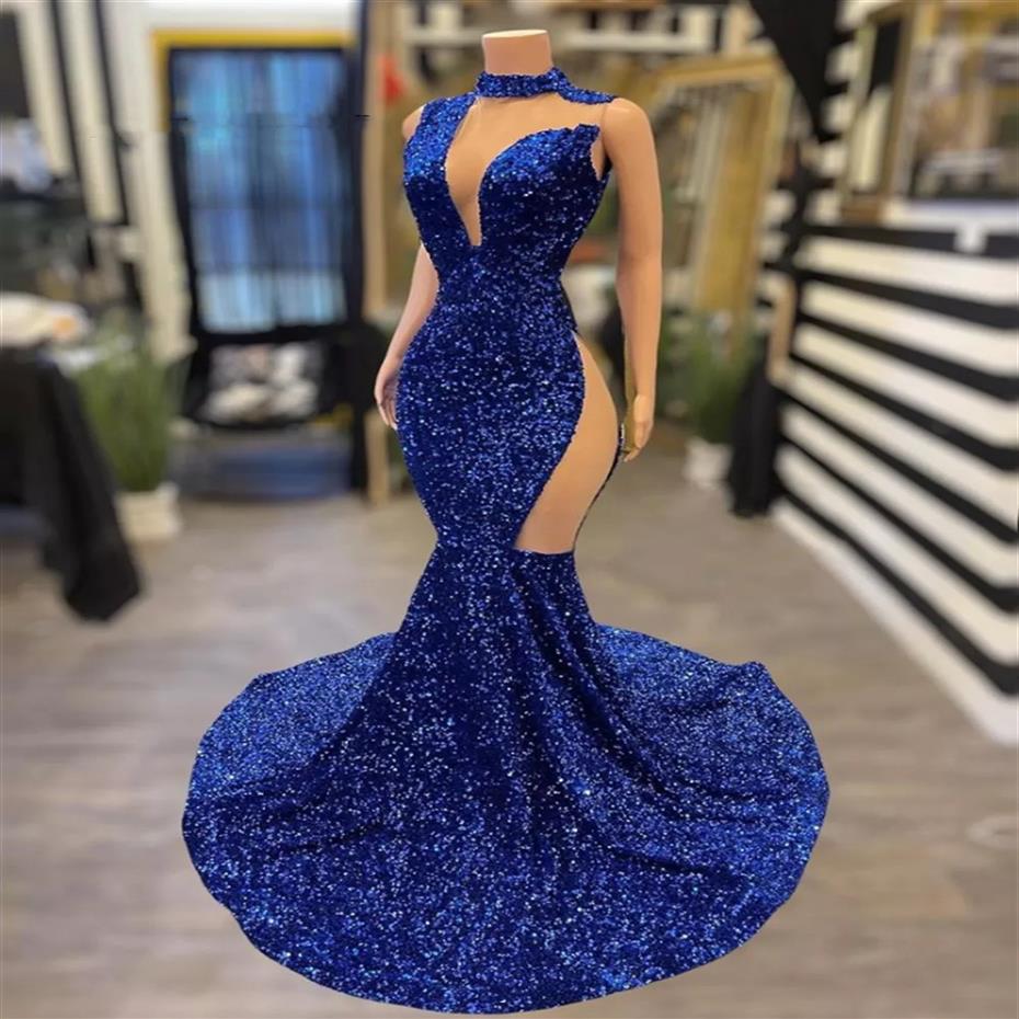 

Royal Blue Sequin Prom Dresses For Black Girls Sparkly Evening Gown African Mermiad Formal Gown Bridal Party Dress parti elbise235C