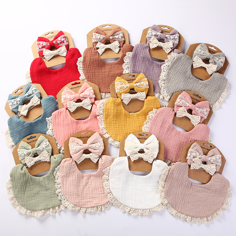 

Fancy Bulk Wrinkled Saliva Towel Lace Headband Set Muslin Cotton High Quality Baby Bib Set Princess Birth Gift, Options