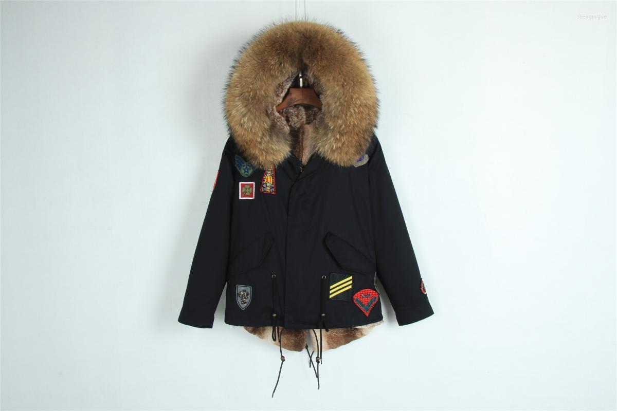 

Women's Fur & Faux Badge Short Parka With Rex Women Jackets And Coats 2022 Winter Overcoat, Black