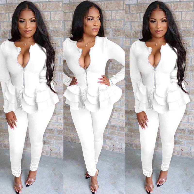

Elegant Two Piece Set Women' Zipper Cascading Ruffles Short Jacket Coat And Pencil Pant Suits Sexy 2 Club Outfits Tracksuits, Red