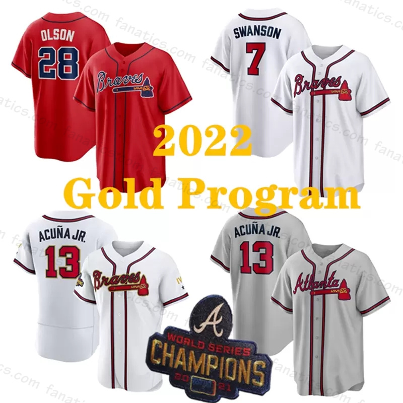 

Ronald Acuna Jr. 2021 World Series Champion Gold Jerseys Brav Matt Olson Dansby Swanson Max Fried Alex Jackson Austin Riley Ozzie Albies Eddie Rosario Chipper Jones, Youth/cool base/ white