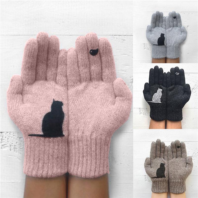 

Five Fingers Gloves Cute Cartoon Printing Cat And Bird Pattern Thick Winter Hand Protection For Girl Gift