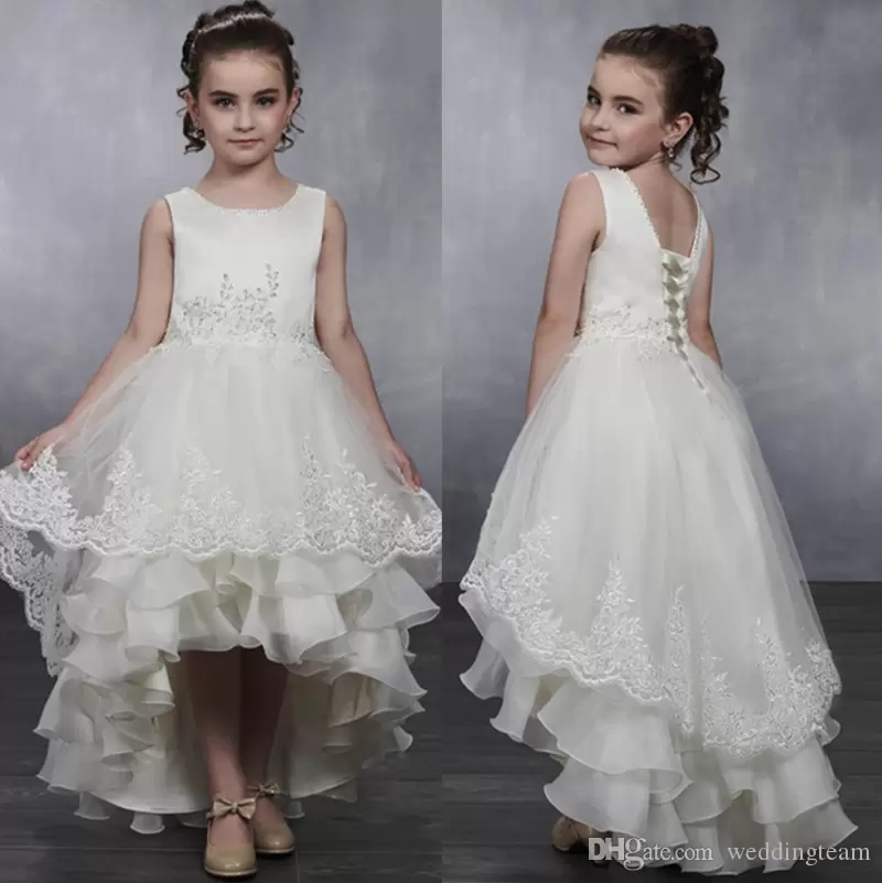 

New Fashion High Low Tiered Flower Girl Dresses For Wedding A Line Toddler Pageant Gowns Tulle Appliqued Kids Prom Dress, White