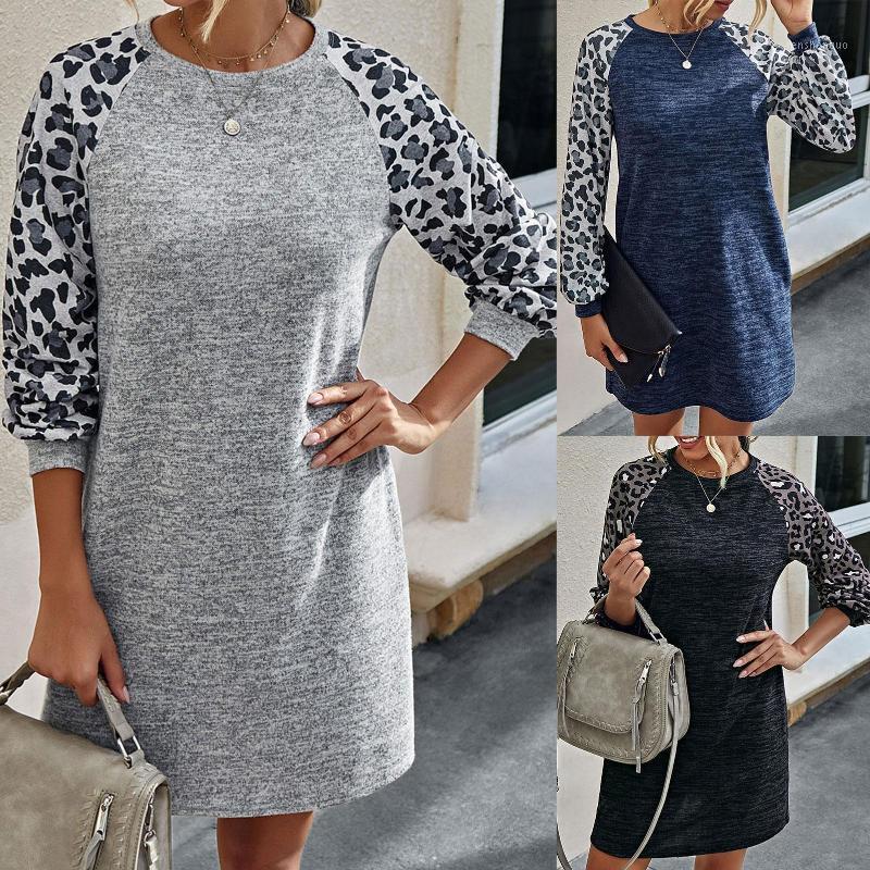 

Fashion Casual Women Autumn Leopard Patchwork Long Sleeve O Neck Loose Tunic Mini Dress Skirts, Black
