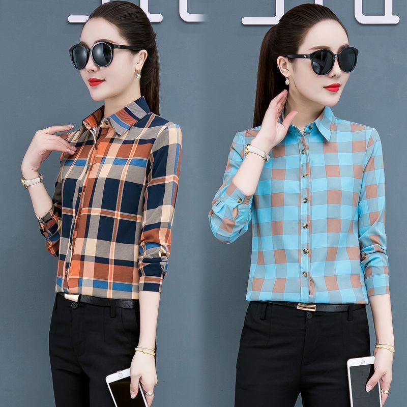 

Women' Blouses & Shirts Women Blouse Spring Summer Plaid Long Sleeve Top Coat Clothing Blusas Ropa De Mujer, Blue