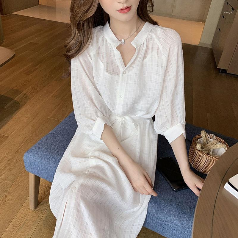 

Mid-length French Gentle Style Shirt Dress Female Summer White Suspender Temperament Two-piece Suit Women Dresses Casual